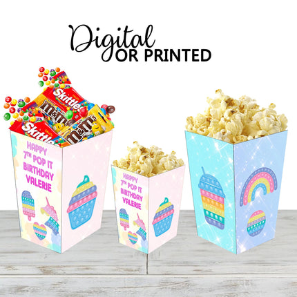 Pop It Popcorn Box for Birthday Party Candy Snack Favor Rainbow - Digital and physical Options