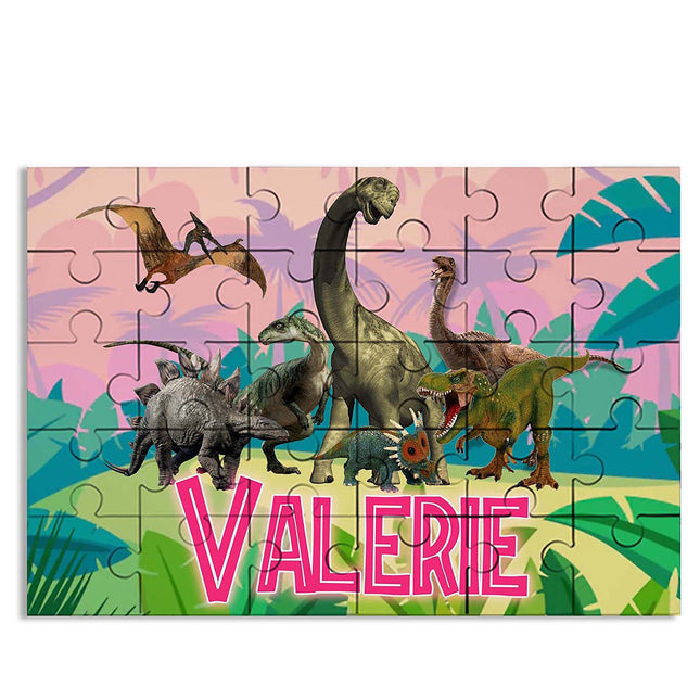 Dinosaurs Puzzle with Name Kids Jigsaw Gift Son Daughter Birthday | 30pcs 7.5x9.5in #Pink