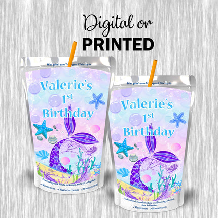 Mermaid Tail Juice Pouch Label Sticker or Complete Custom Juice Pouches for Kids Birthday Party Favor Decor