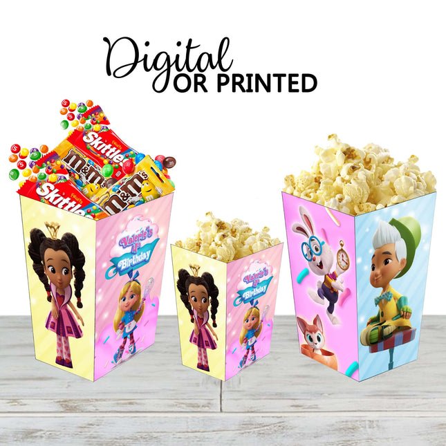Alice Bakery Popcorn Box for Birthday Party Candy Snack Favor - Digital and physical Options