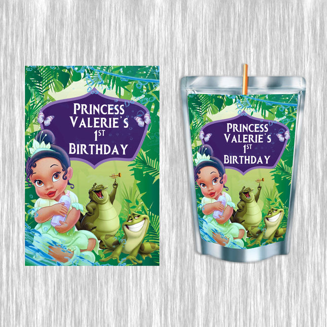 Baby Tiana #Green Juice Pouch Label Sticker or Complete Custom Juice Pouches for Kids Birthday Party Favor Decor