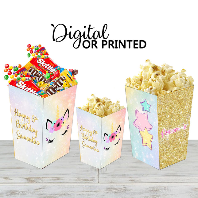 Unicorn Popcorn Box for Birthday Party Candy Snack Favor - Digital and physical Options