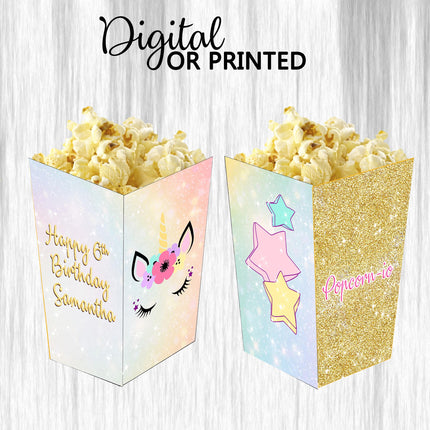 Unicorn Popcorn Box for Birthday Party Candy Snack Favor - Digital and physical Options