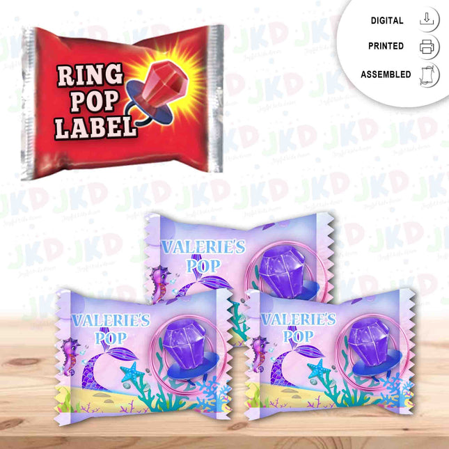 Mermaid Tail Ring Pop Label Sticker for Birthday Party Candy Favor - Digital, Stickers or Finished Options
