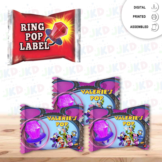Minnie Roadster Racers Ring Pop Label Sticker for Birthday Party Candy Favor - Digital, Stickers or Finished Options