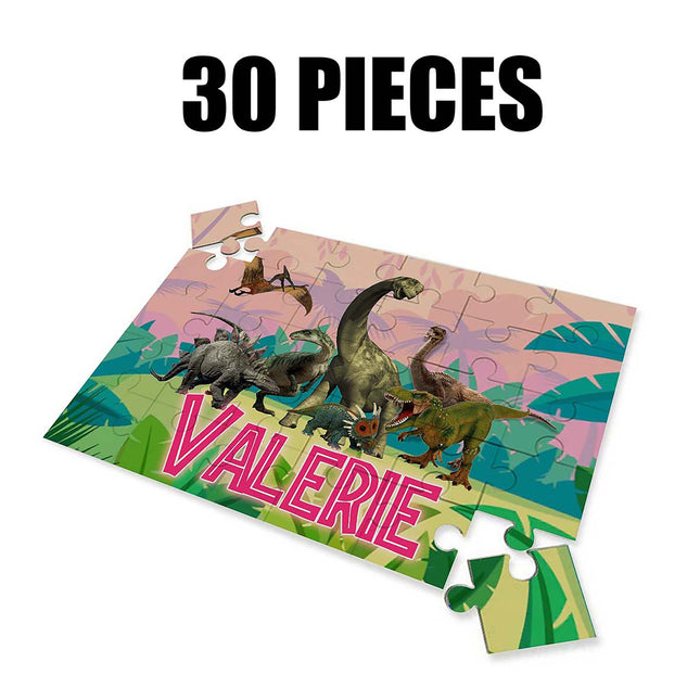 Dinosaurs Puzzle with Name Kids Jigsaw Gift Son Daughter Birthday | 30pcs 7.5x9.5in #Pink