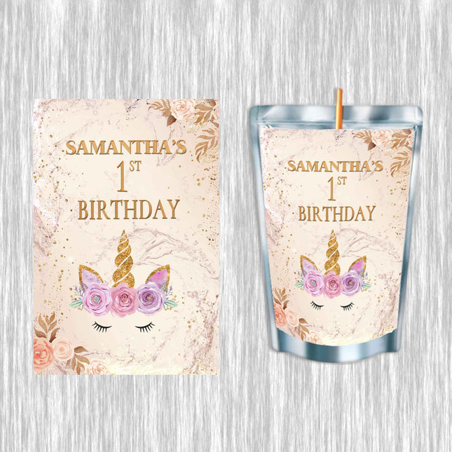 Unicorn Face Juice Pouch Label Sticker or Complete Custom Juice Pouches for Kids Birthday Party Favor Decor