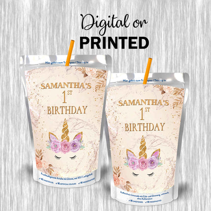 Unicorn Face Juice Pouch Label Sticker or Complete Custom Juice Pouches for Kids Birthday Party Favor Decor