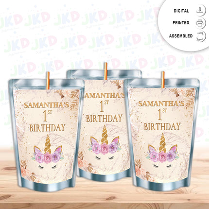 Unicorn Face Juice Pouch Label Sticker or Complete Custom Juice Pouches for Kids Birthday Party Favor Decor