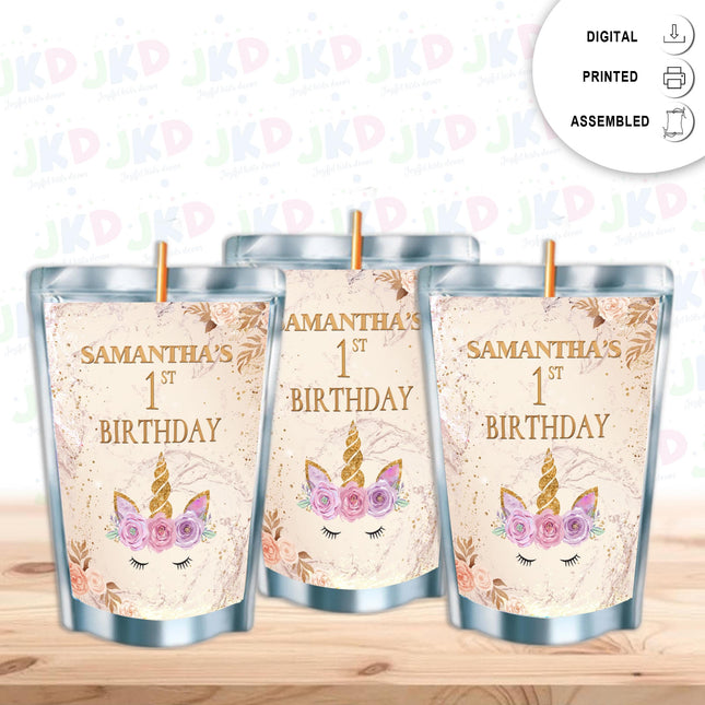 Unicorn Face Juice Pouch Label Sticker or Complete Custom Juice Pouches for Kids Birthday Party Favor Decor
