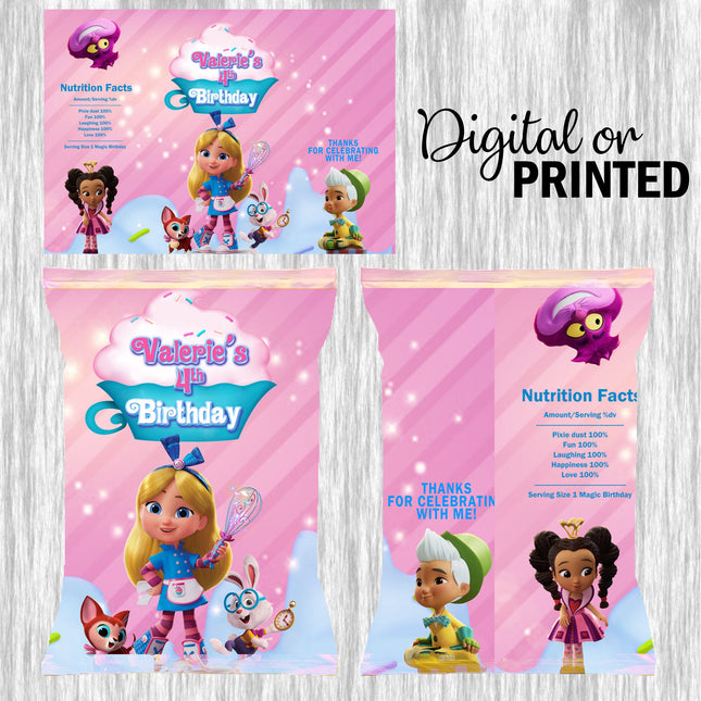 Alice Bakery Chip Bags Label for Kids Birthday Party Favor Decor, Stickers or Finished Options