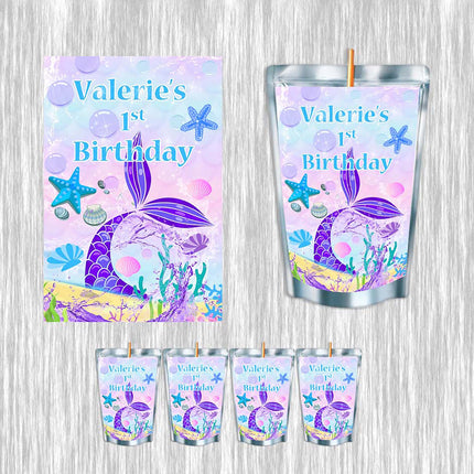 Mermaid Tail Juice Pouch Label Sticker or Complete Custom Juice Pouches for Kids Birthday Party Favor Decor