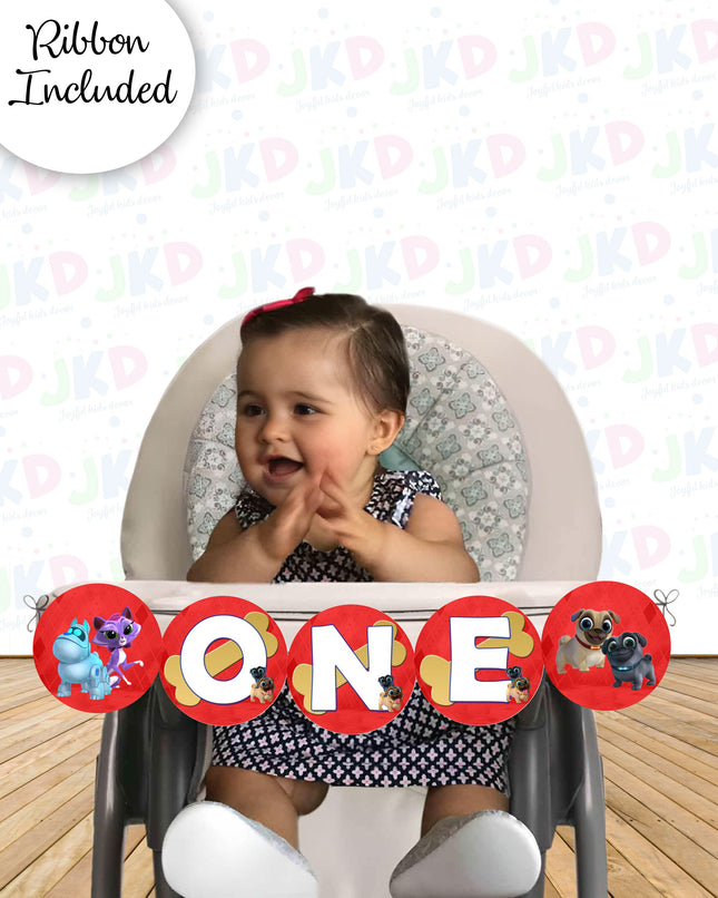 Puppy Dog pals First Birthday Banner for Baby High Chair with Ribbon Included #red
