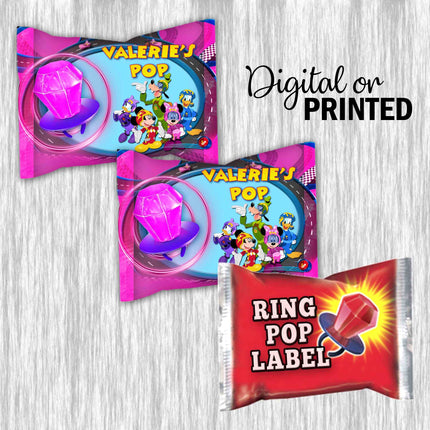 Minnie Roadster Racers Ring Pop Label Sticker for Birthday Party Candy Favor - Digital, Stickers or Finished Options