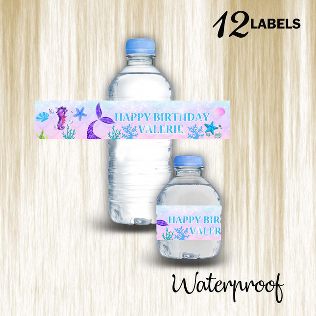 Mermaid Tail Bottle Water Labels Waterproof Stickers for Kids Birthday Party Favor | 12-Pack Ideal for 16.9oz & 8 fl oz Bottles