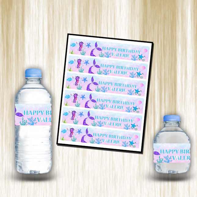 Mermaid Tail Bottle Water Labels Waterproof Stickers for Kids Birthday Party Favor | 12-Pack Ideal for 16.9oz & 8 fl oz Bottles