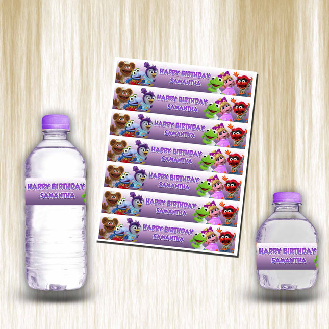 Muppet Babies Bottle Water Labels Waterproof Stickers for Kids Birthday Party Favor | 12-Pack Ideal for 16.9oz & 8 fl oz Bottles #Violet