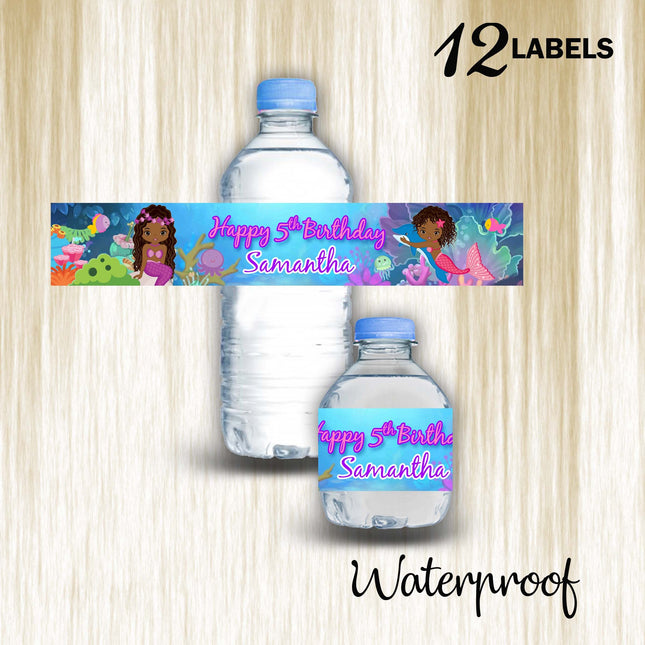 Mermaid Bottle Water Labels Waterproof Stickers for Kids Birthday Party Favor | 12-Pack Ideal for 16.9oz & 8 fl oz Bottles