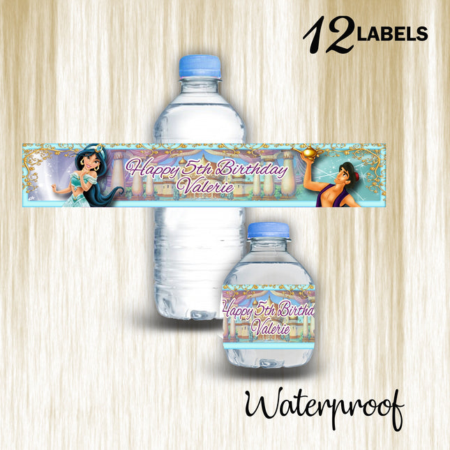 Jasmine Bottle Water Labels Waterproof Stickers for Kids Birthday Party Favor | 12-Pack Ideal for 16.9oz & 8 fl oz Bottles