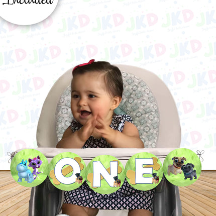 Puppy Dog pals First Birthday Banner for Baby High Chair with Ribbon Included #green
