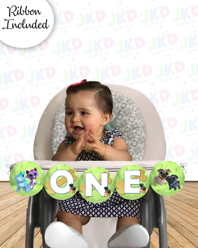 Puppy Dog pals First Birthday Banner for Baby High Chair with Ribbon Included #green