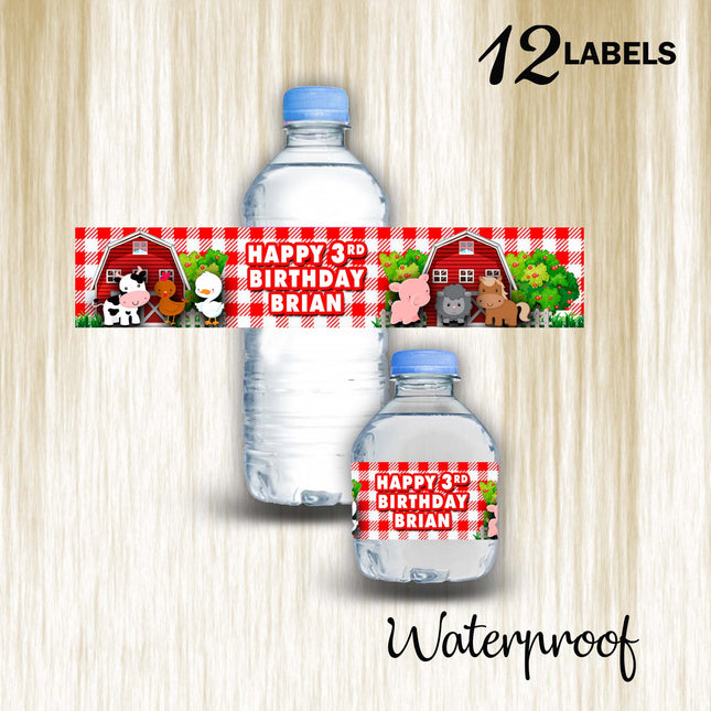 Farm Bottle Water Labels Waterproof Stickers for Kids Birthday Party Favor | 12-Pack Ideal for 16.9oz & 8 fl oz Bottles