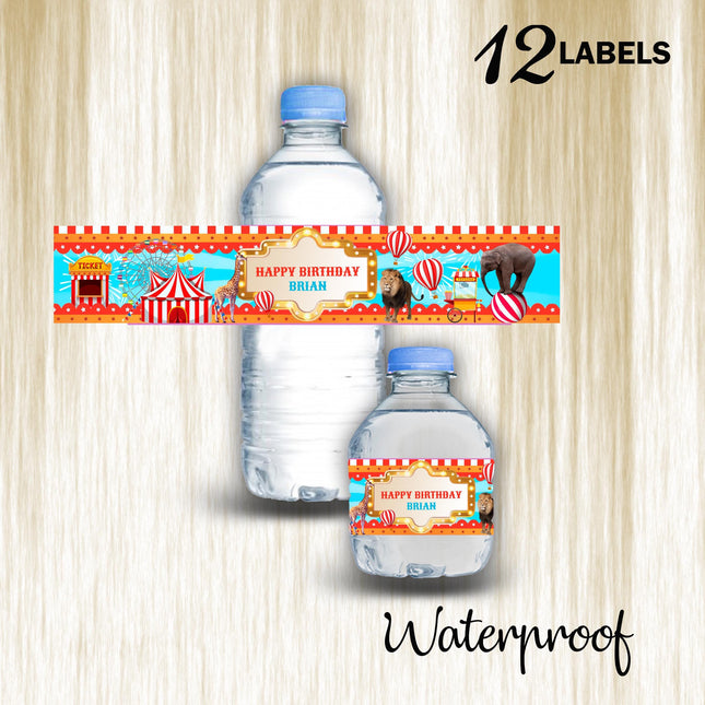 Circus Bottle Water Labels Waterproof Stickers for Kids Birthday Party Favor | 12-Pack Ideal for 16.9oz & 8 fl oz Bottles