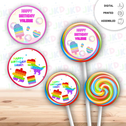 Pop it Stickers for Birthday Party Decor Lollipops Candy Favors| 12 pack Round Labels