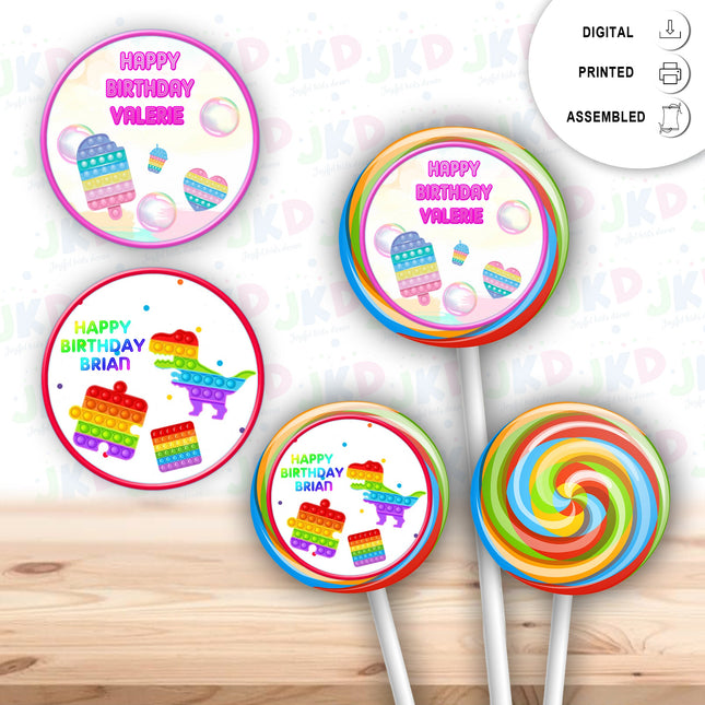 Pop it Stickers for Birthday Party Decor Lollipops Candy Favors| 12 pack Round Labels