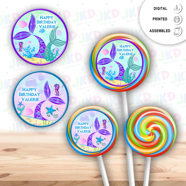 Mermaid Tail Stickers for Birthday Party Decor Lollipops Candy Favors| 12 pack Round Labels