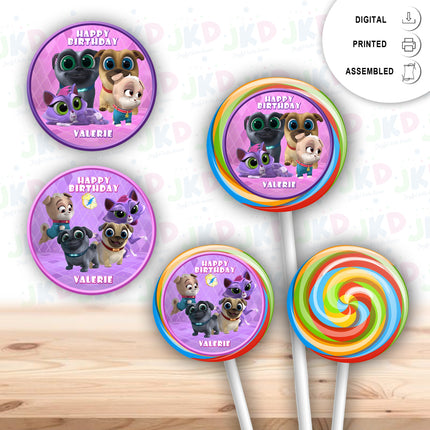 Puppy dog pals Stickers for Birthday Party Decor Lollipops Candy Favors| 12 pack Round Labels #pink
