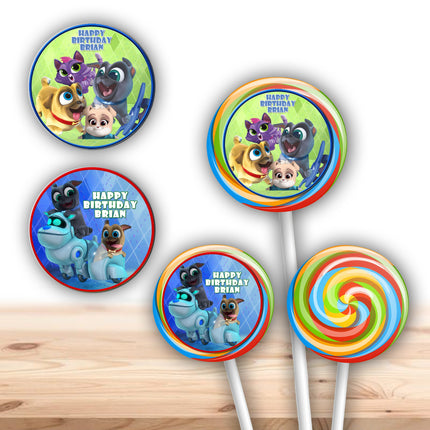 Puppy dog pals Stickers for Birthday Party Decor Lollipops Candy Favors| 12 pack Round Labels #green