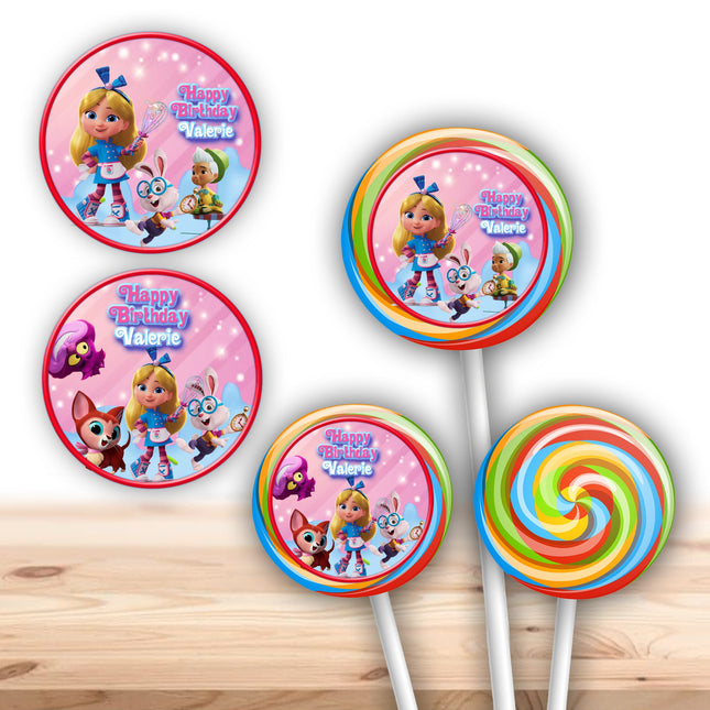 Alice Bakery Stickers for Birthday Party Decor Lollipops Candy Favors| 12 pack Round Labels