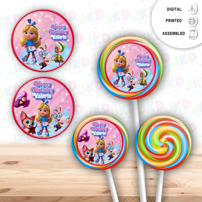 Alice Bakery Stickers for Birthday Party Decor Lollipops Candy Favors| 12 pack Round Labels