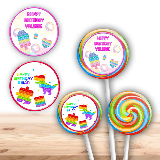 Pop it Stickers for Birthday Party Decor Lollipops Candy Favors| 12 pack Round Labels
