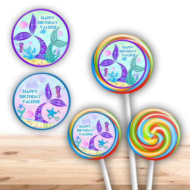 Mermaid Tail Stickers for Birthday Party Decor Lollipops Candy Favors| 12 pack Round Labels