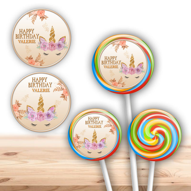 Unicorn Face Stickers for Birthday Party Decor Lollipops Candy Favors| 12 pack Round Labels