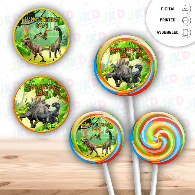 Dinosaurs Stickers for Birthday Party Decor Lollipops Candy Favors| 12 pack Round Labels