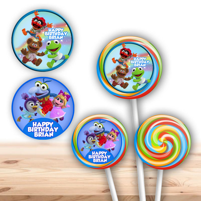 Muppet Babies Stickers for Birthday Party Decor Lollipops Candy Favors| 12 pack Round Labels #blue
