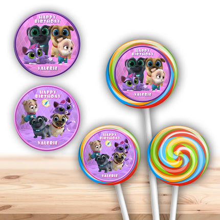 Puppy dog pals Stickers for Birthday Party Decor Lollipops Candy Favors| 12 pack Round Labels #pink
