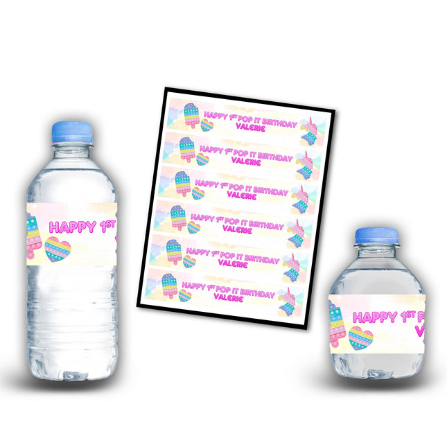 Pop it Bottle Water Labels Waterproof Stickers for Kids Birthday Party Favor | 12-Pack Ideal for 16.9oz & 8 fl oz Bottles