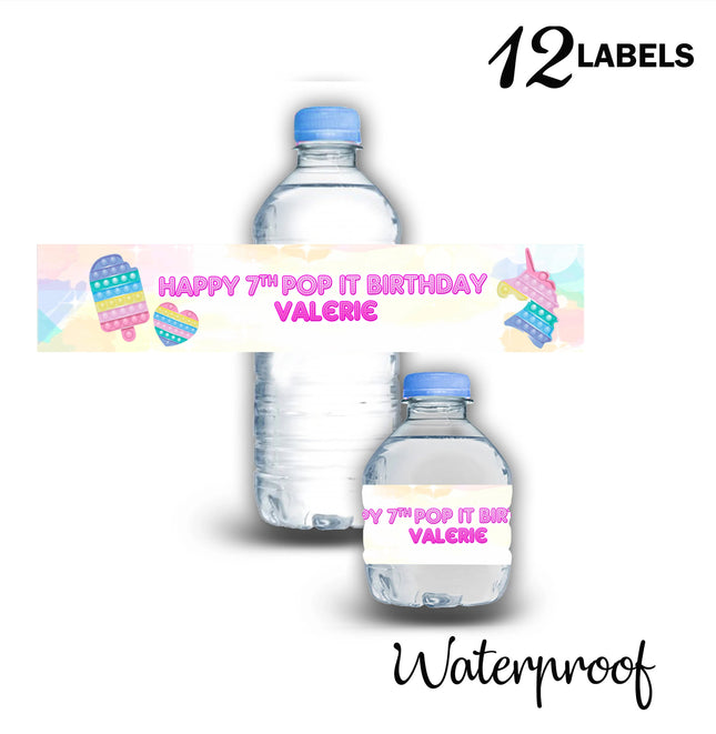 Pop it Bottle Water Labels Waterproof Stickers for Kids Birthday Party Favor | 12-Pack Ideal for 16.9oz & 8 fl oz Bottles