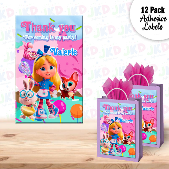 Alice Bakery Gift Favor Bag Labels | 12-Pack Stickers | Size 8x5in