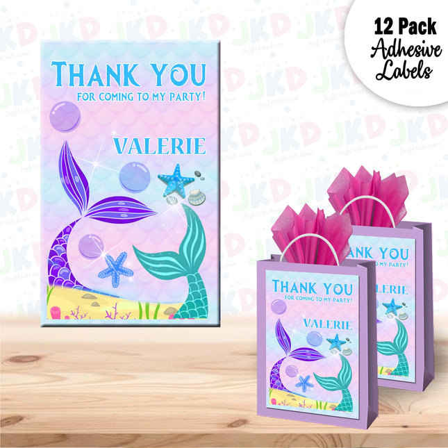 Mermaid Tail Gift Favor Bag Labels | 12-Pack Stickers | Size 8x5in