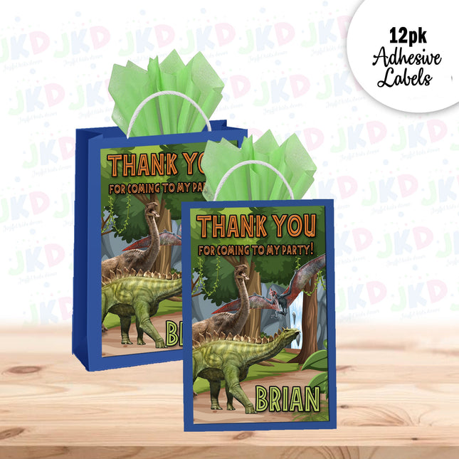 Dinosaurs Gift Favor Bag Labels | 12-Pack Stickers | Size 8x5in