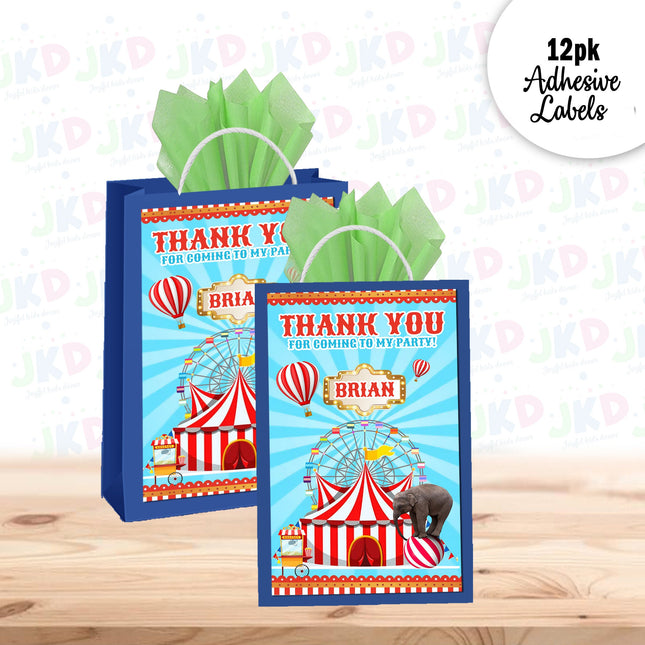 Circus Gift Favor Bag Labels | 12-Pack Stickers | Size 8x5in