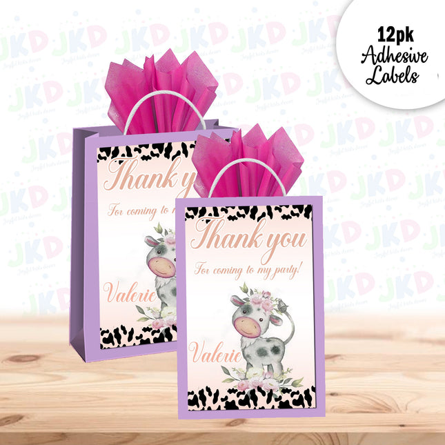 Cow Gift Favor Bag Labels | 12-Pack Stickers | Size 8x5in