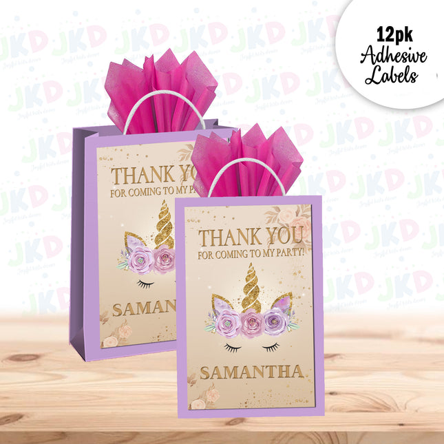 Unicorn Face Gift Favor Bag Labels | 12-Pack Stickers | Size 8x5in