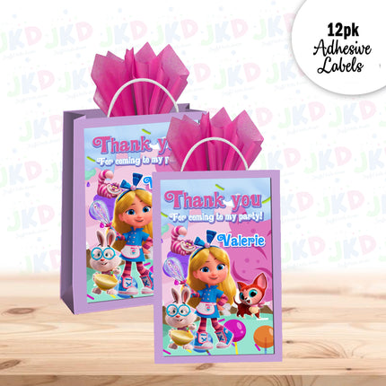 Alice Bakery Gift Favor Bag Labels | 12-Pack Stickers | Size 8x5in