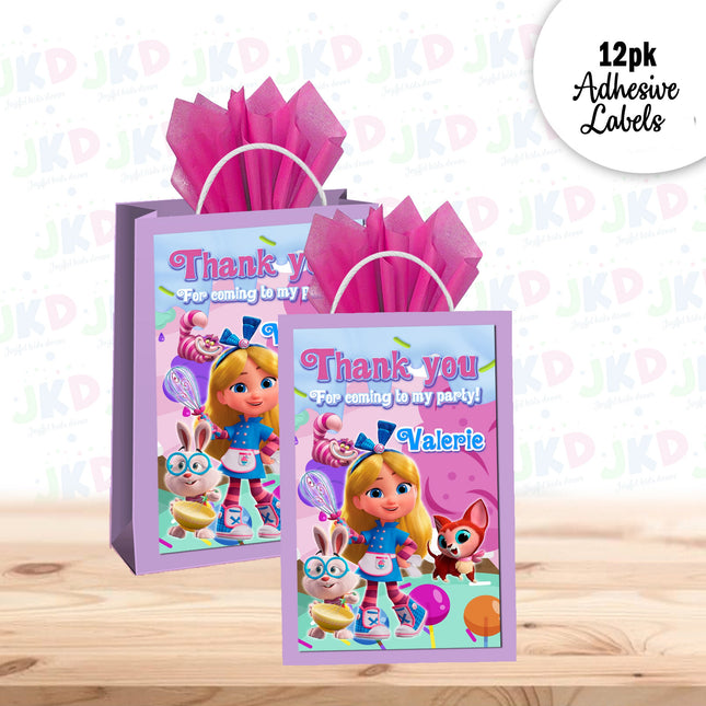Alice Bakery Gift Favor Bag Labels | 12-Pack Stickers | Size 8x5in